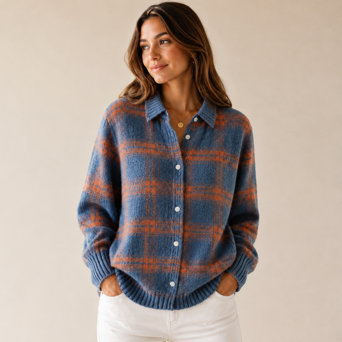 Women's Wool-Blend Plaid Button-Front Cardigan – Blue & Orange