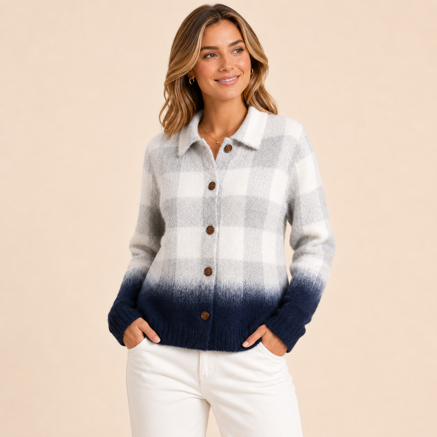 Women's Wool-Blend Plaid Knit Cardigan - White/Gray/Navy